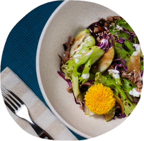 Salada colorida em uma tigela, com folhas verdes, repolho roxo, fatias de pêra grelhada, nozes e um queijo esfarelado. Um copo de suco de laranja está ao lado e um garfo no canto sobre um guardanapo.